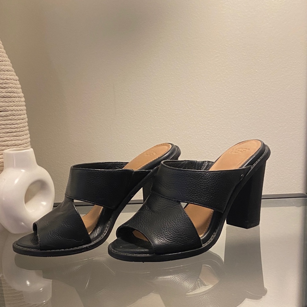 UGG Black Leather Heeled Mules